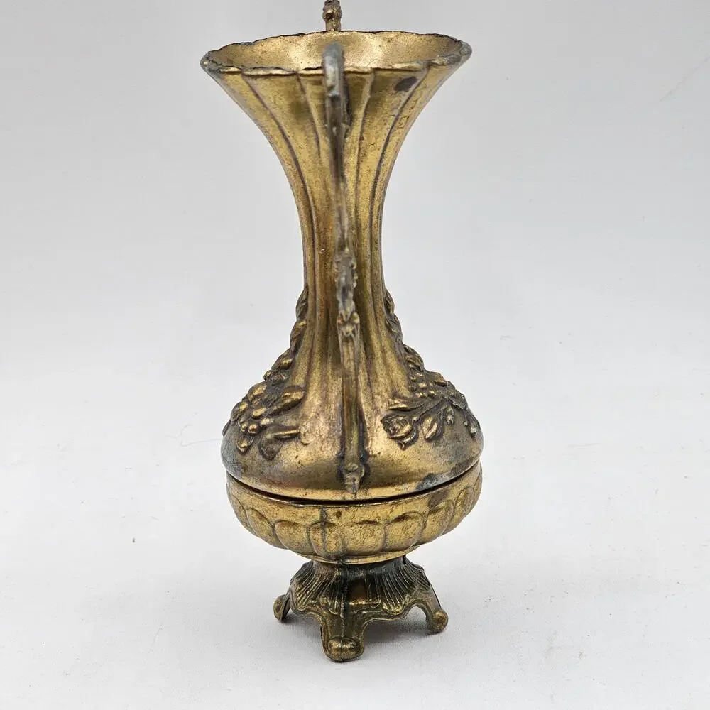 Vintage Italian Metal Bud Vase Gold Tone Ornate Floral Relief Scrolled Handles